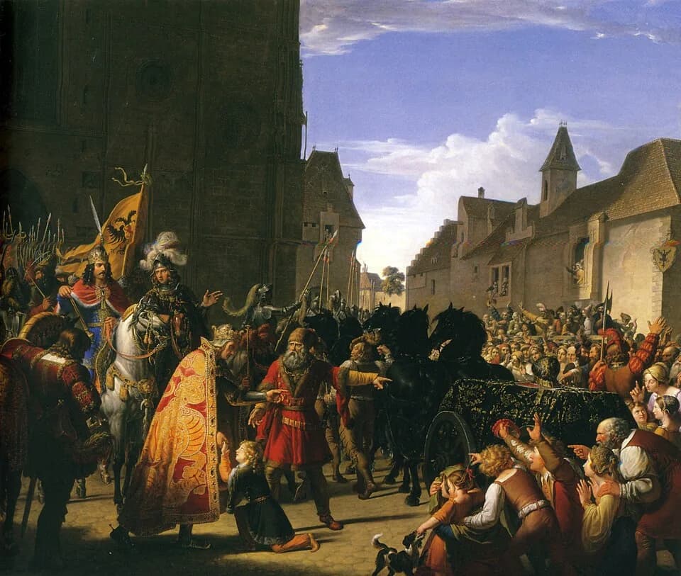 Rudolph I of Germany - Anton Petter, Wenzel bittet Rudolf von Habsburg um die Leiche seines Vaters Przemysl Ottokar.jpg