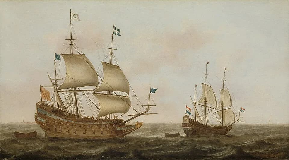 Louis XIII of France - Een Frans oorlogsschip, in 1626 op last van Lodewijk XIII op een Hollandse werf gebouwd, stevent onder geleide van een Hollands schip een Hollandse haven binnen.