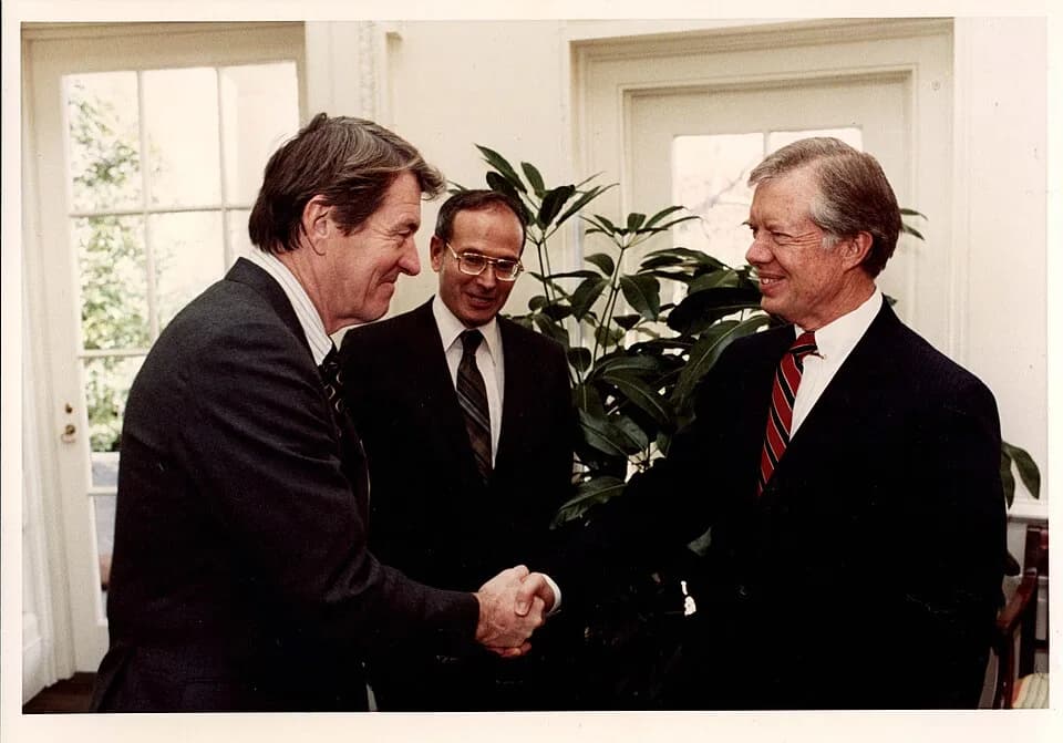 Christian B. Anfinsen - Christian B. Anfinsen (left), American biochemist, shaking hands with president Jimmy Carter in 1980.