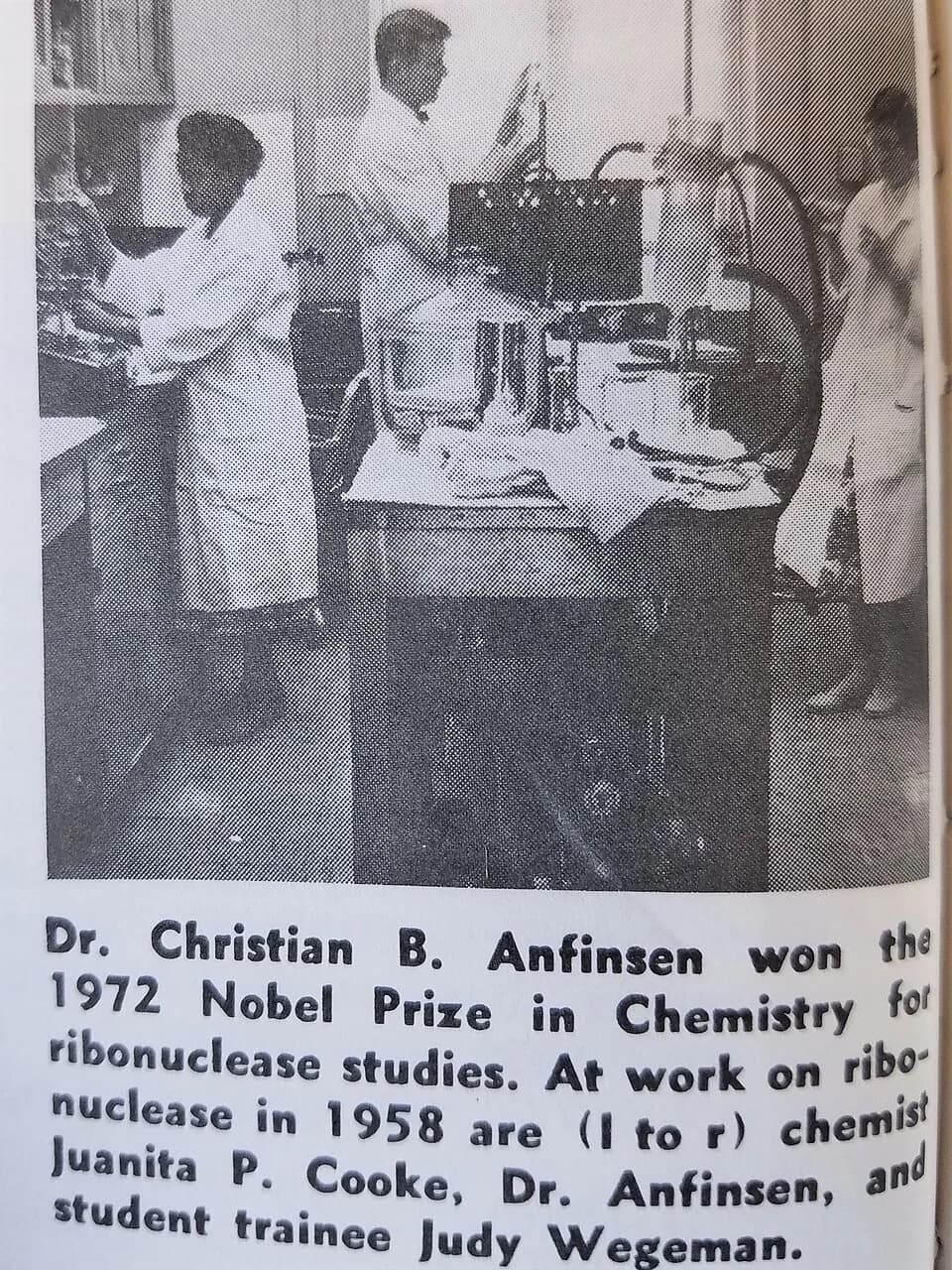 Christian B. Anfinsen - In this 1958 NIH Record photo are (I to r) Juanita Cooke, Nobel Prize winner Dr. Christian Anfinsen, and student trainee Judy Wegeman.  Cooke later became the head of the Offic