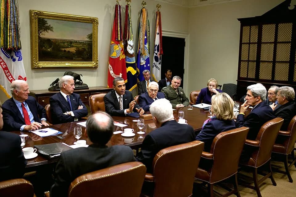 Madeleine Albright - President Barack Obama attends a New START Treaty meeting hosted by Vice President Joe Biden in the Roosevelt Room of the White House, Nov. 18, 2010. Seated with them, clockwise f