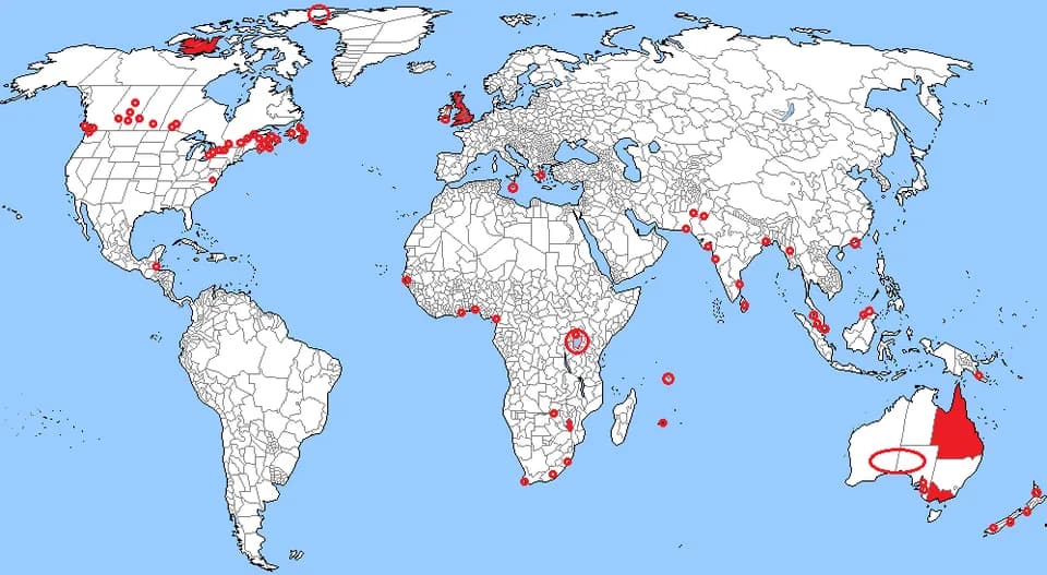 Victoria - Places named after Queen Victoria (in red), excluding streets/roads and avenues. Many multiple places are simply signified by one dot (e.g. multiple places in Singapore, Hong Kong etc.). In