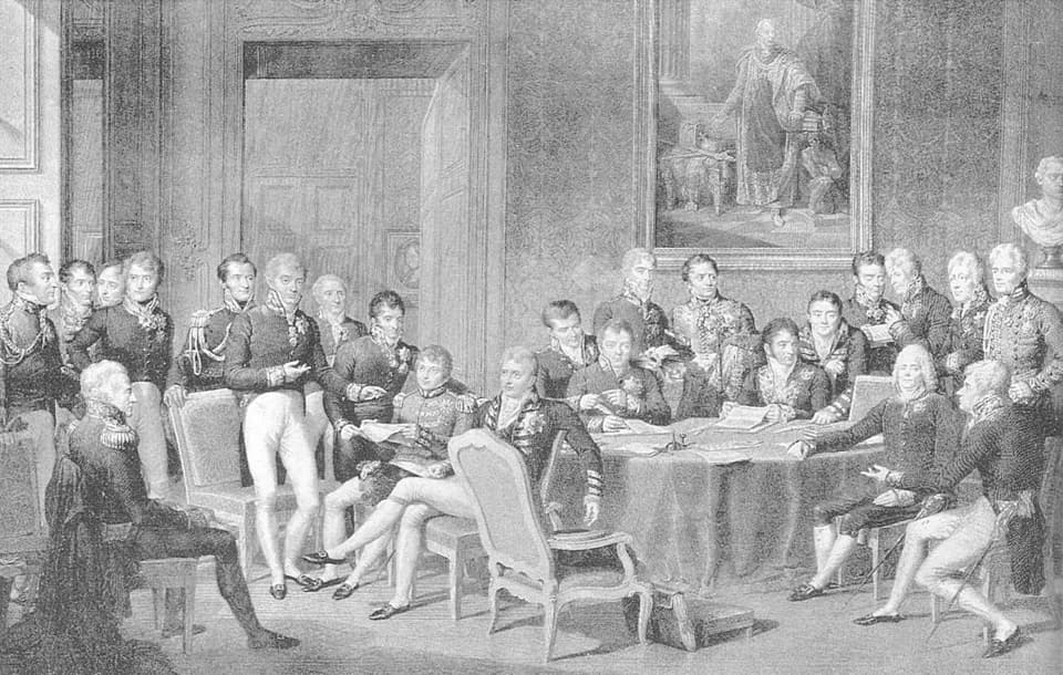 Klemens von Metternich - Congrès de Vienne On peut reconnaitre: à gauche, debout et de profil, le duc de Wellington (Royaume-Uni); au premier plan, debout devant un fauteuil, Metternich (Autriche); au