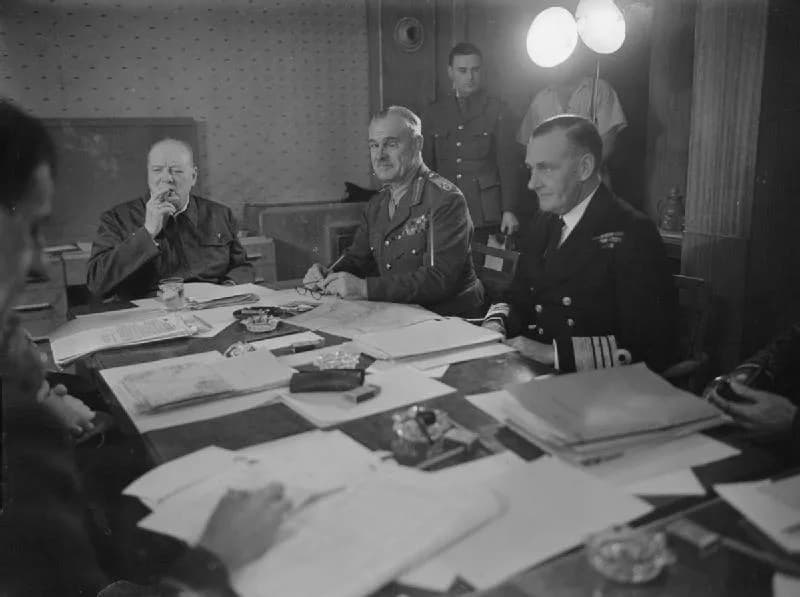Archibald Wavell, 1st Earl Wavell - Aboard the SS QUEEN MARY, around a conference table sit the Prime Minister, Winston Churchill, Field Marshal Sir Archibald P Wavell GCB, CMG, MC, ADC, and Admiral S