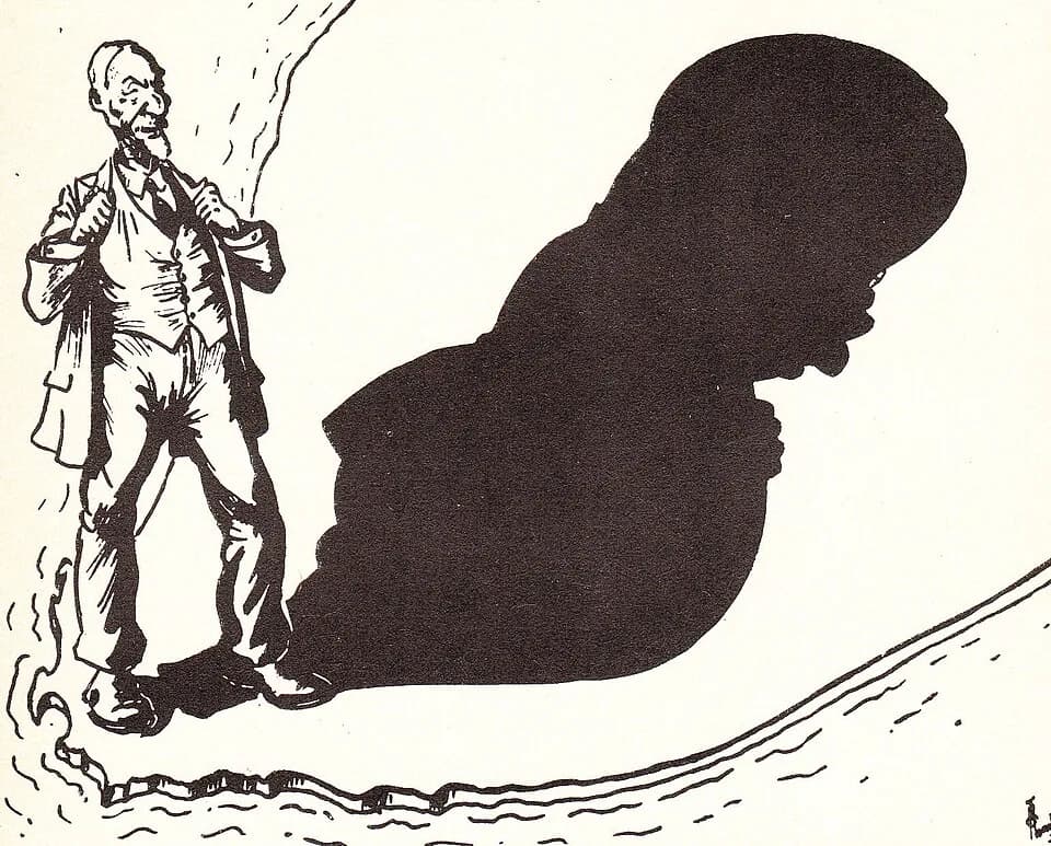 Jan Christiaan Smuts - Cartoon : Jan Smuts standing tall over the South African landscape with his deputy, Jan Hofmeyr, cast as Smuts's shadow over the entire map of the country.