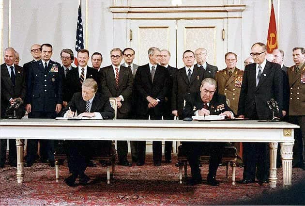 Zbigniew Brzezinski - President Jimmy  Carter and Soviet General Secretary Leonid Brezhnev sign the Strategic Arms Limitation Talks (SALT II) treaty, June 18, 1979, in Vienna.