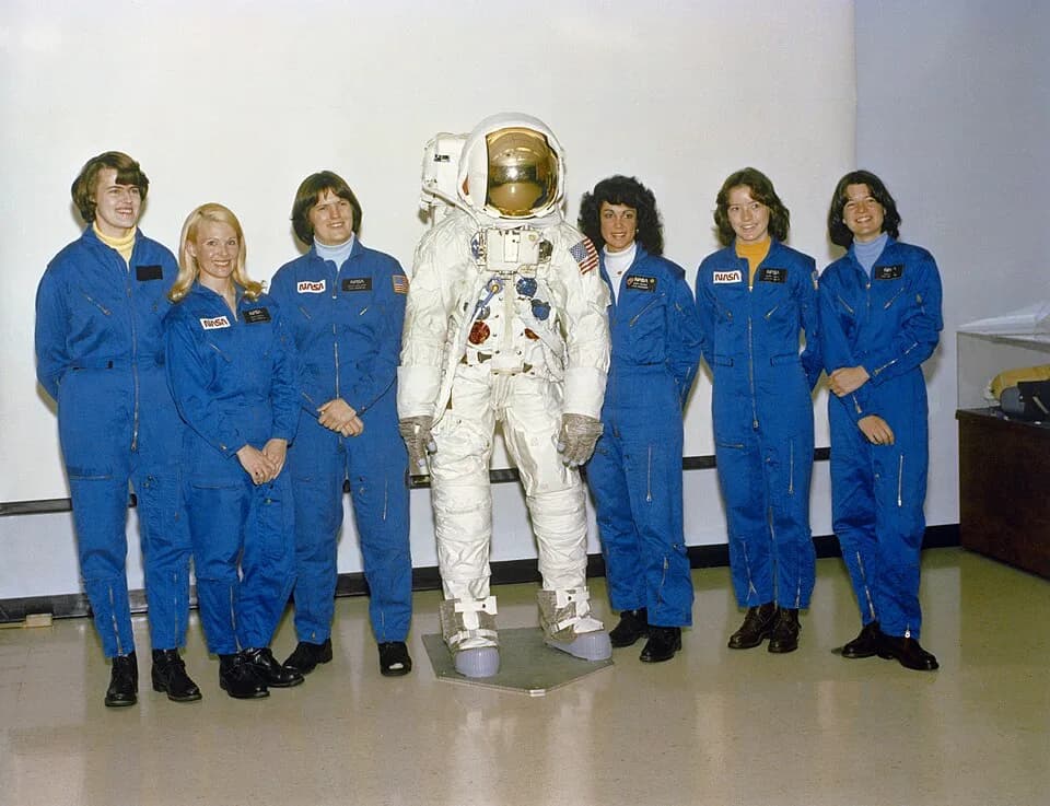 Sally Ride - From left to right are Shannon W. Lucid, Margaret Rhea Seddon, Kathryn D. Sullivan, Judith A. Resnik, Anna L. Fisher, and Sally K. Ride. NASA selected all six women as their first female 