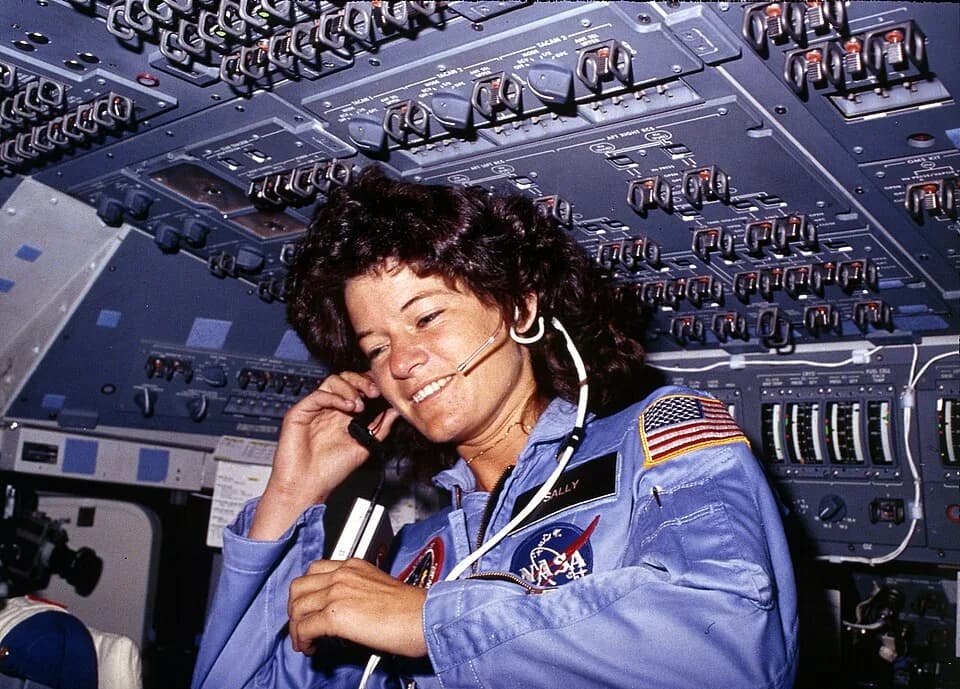 Sally Ride - Sally Ride, America's first woman astronaut communicates with ground controllers from the flight deck - NARA - 541940.jpg
