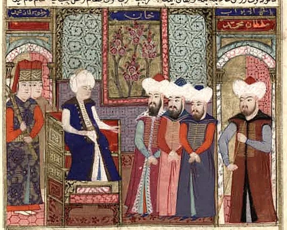 Mehmed I - Sultan Mehmed I with his dignitaries. Ottoman miniature painting, kept at Istanbul Üniversitesi Rektörlügü, Istanbul (Inv. T 5970, fol 264v)
"The manuscript Inv. T 5970 in the collection o