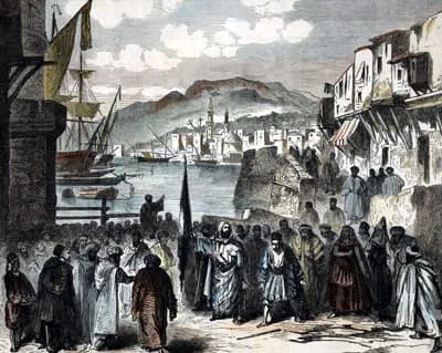 Abdelkader El Djezairi - An artist's depiction of a scene after the 1860 events in Lebanon. Abd al-Qader in the center.