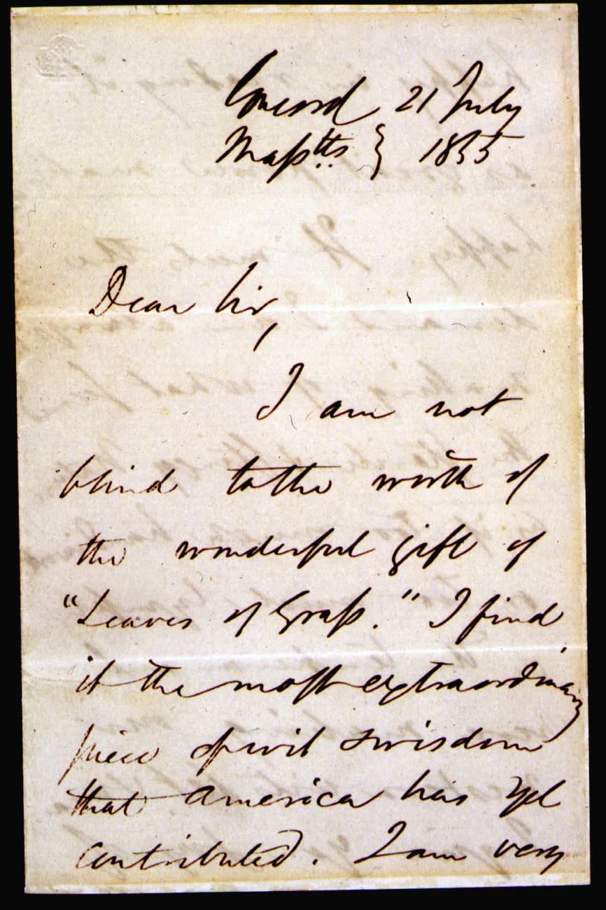 Walt Whitman - Letter to Walt Whitman dtd, 21 July, 1855, first Page: "I am not blind to the worth of the wonderful gift of "Leaves of Grass." I find it the most extraordinary piece of wit and wisdom 