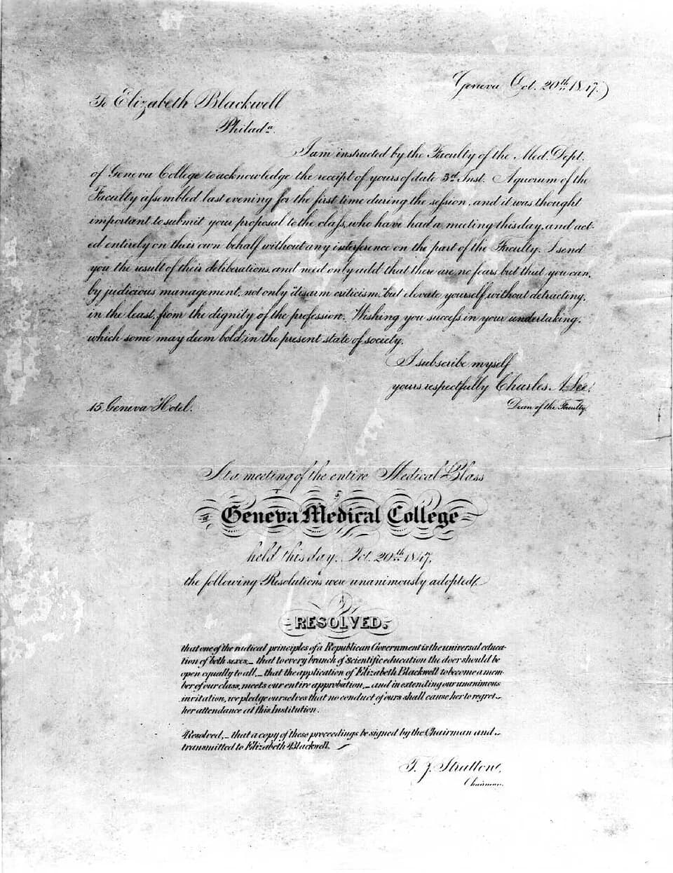 Elizabeth Blackwell - Official document of Elizabeth's Blackwell admission to Geneva Medical College