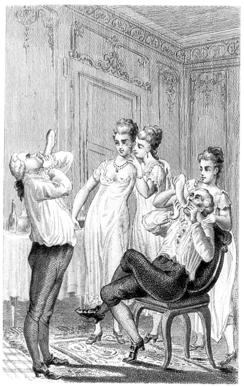 Giacomo Casanova - [Casanova (left) and the condom]. Engraving in[1]: Casanova, Giacomo / Mémoires, écrits par lui-même, Bruxelles, J. Rozez, 1872, vol. 4 (read text excerpt below).