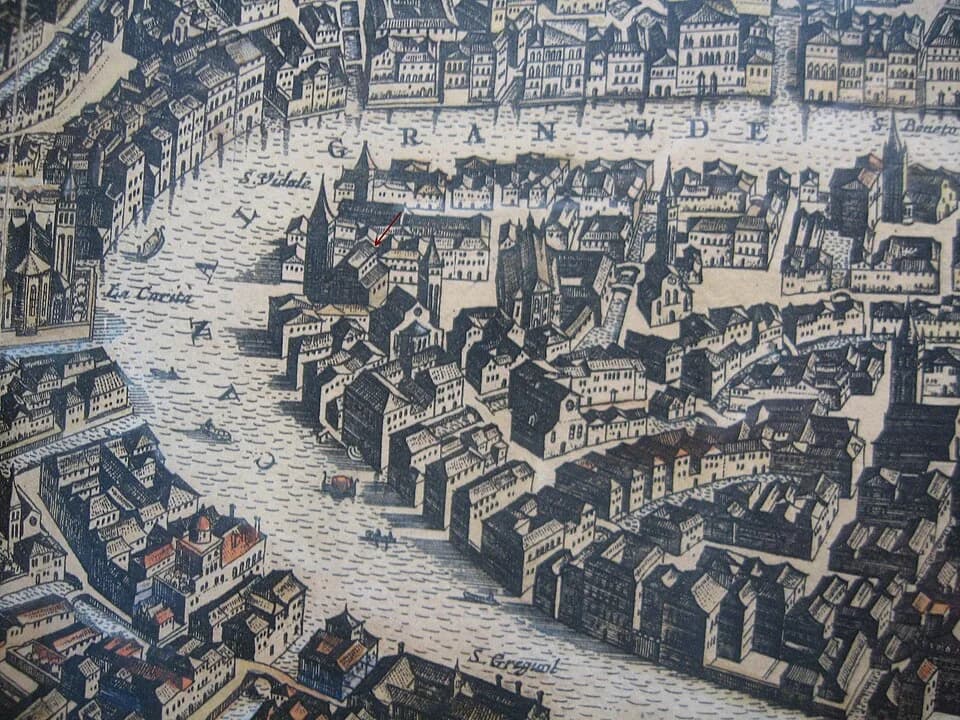 Giacomo Casanova - The Campo and Church of San Samuele (red arrow) where Casanova was born and baptized. Cropped from a map of Venice from the 17th. century. The huge Palazzo Grassi on the north side 
