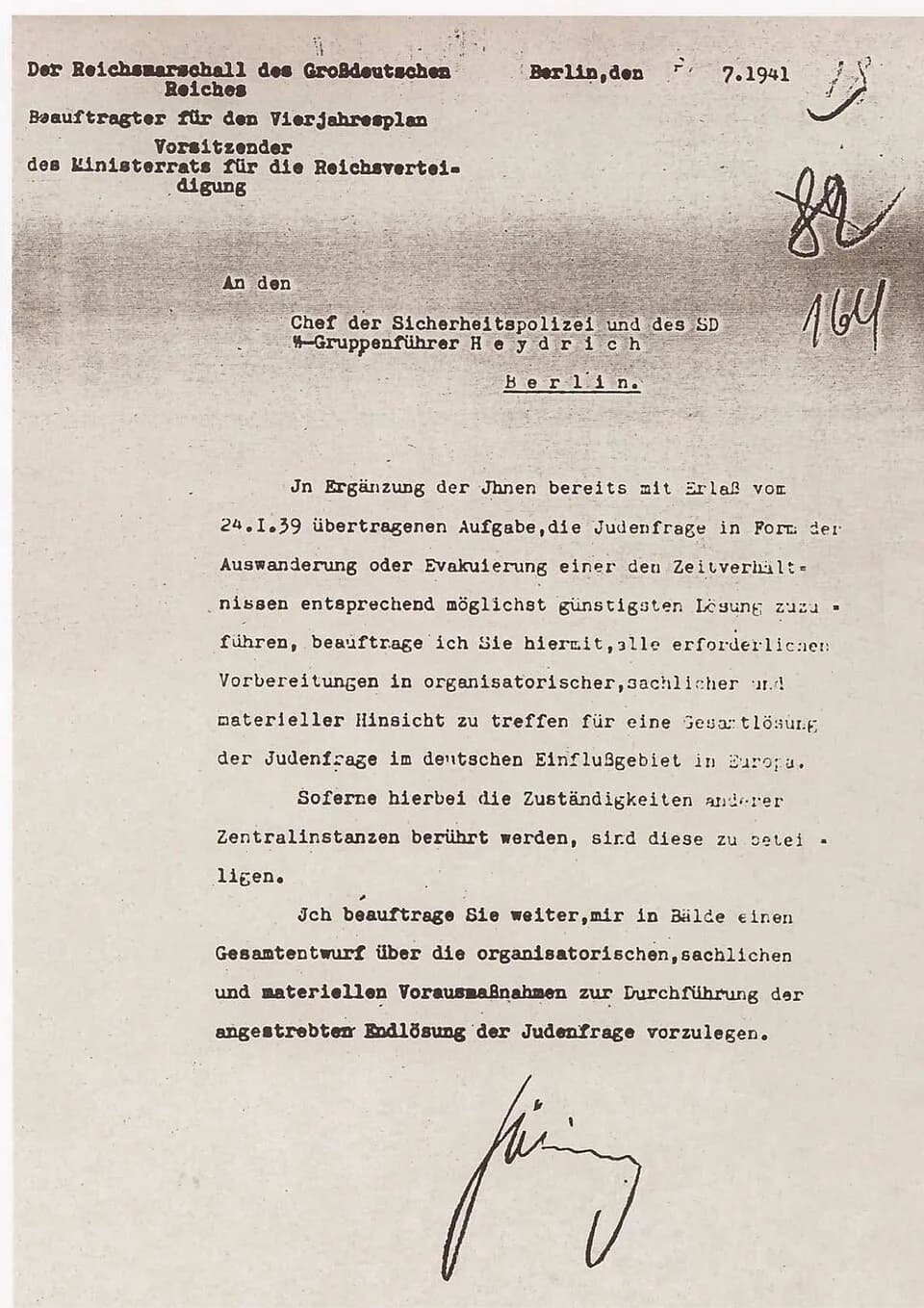 Reinhard Heydrich - July 1941 letter from Göring to Heydrich concerning the "final solution" of the Jewish question