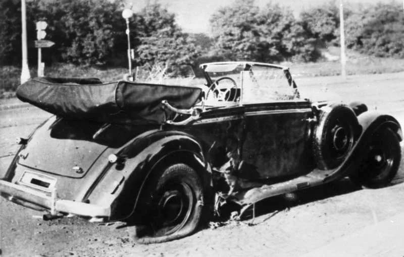 Reinhard Heydrich - Reinhard Heydrich's car (a Mercedes-Benz 320 Convertible B) after the 1942 assassination attempt in Prague. Heydrich later died of his injuries.