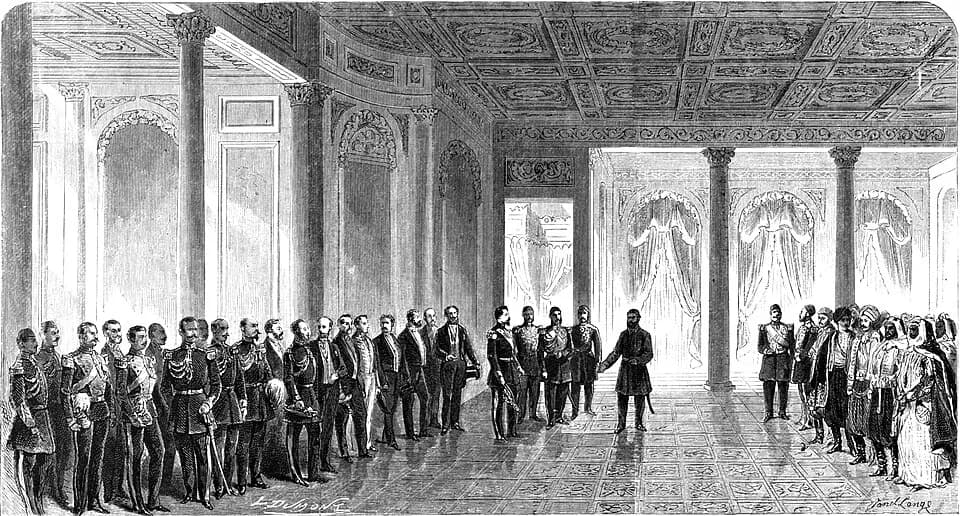 Abdülaziz - Le Sultan Recevant SAI Le Prince Jean Ier dans son palais de Dolma-Baqtche, Constantinople; D'après un croquis de M. Sathmary