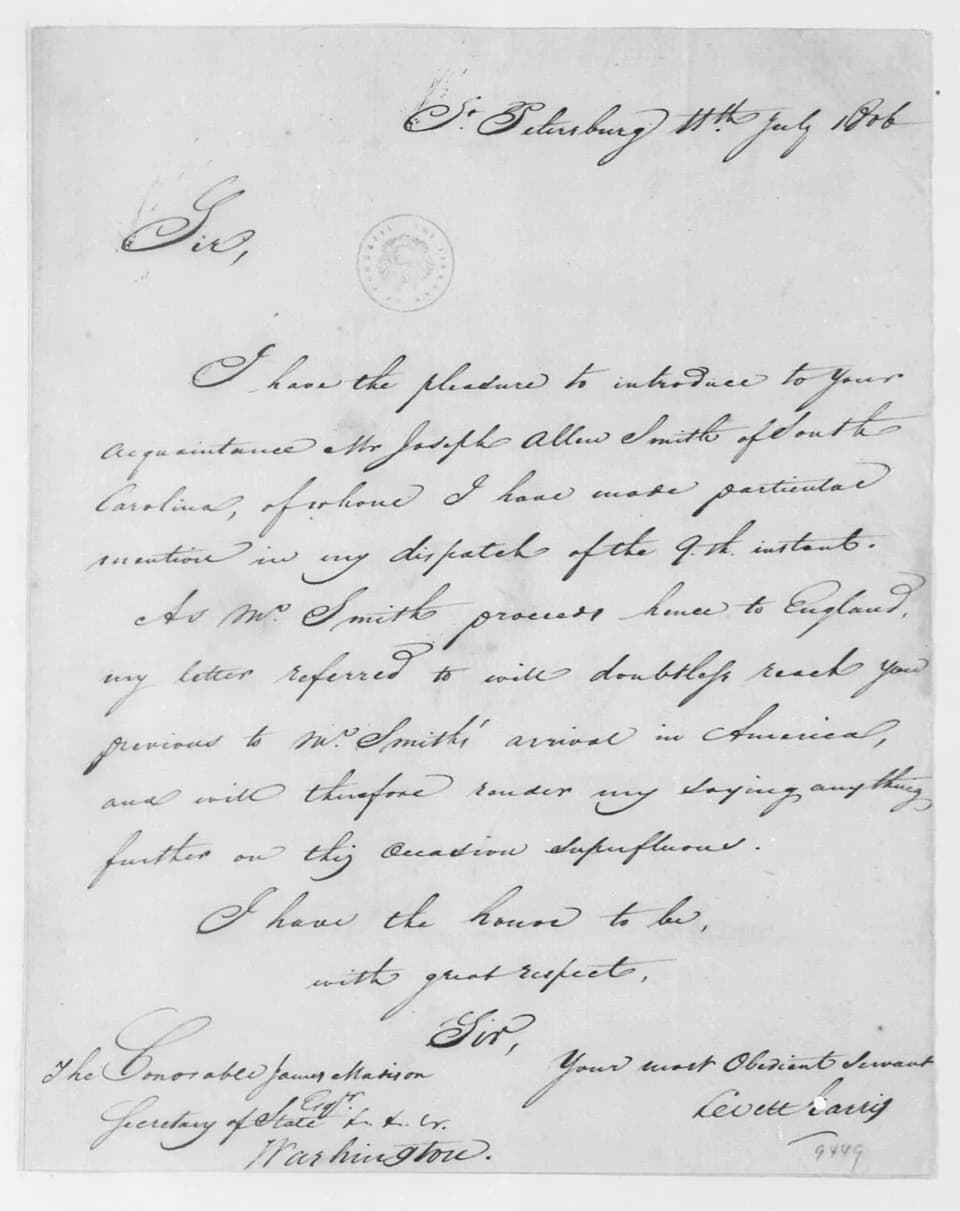 James Madison - Letter from American diplomat Levett Harris to United States Secretary of State James Madison, July 11, 1806. Letter was written by Harris from his position as American consul general 