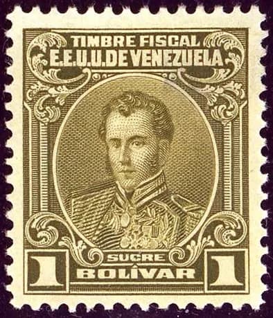 Antonio José de Sucre - 1 Bolivar Fiscal-postal issue 1922, unused. Sucre portrait. Michel N°St127.