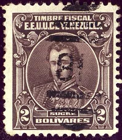 Antonio José de Sucre - 2 Bolivares Fiscal issue 1915, cancel 18 (81?) in  an oval of lines. Sucre portrait. Michel N°St121.