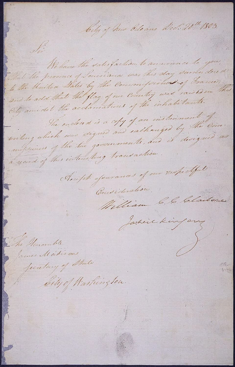 James Madison - Letter to James Madison, Secretary of State, Announcing the Surrender of Louisiana to the United States by France - NARA - 306704.jpg
