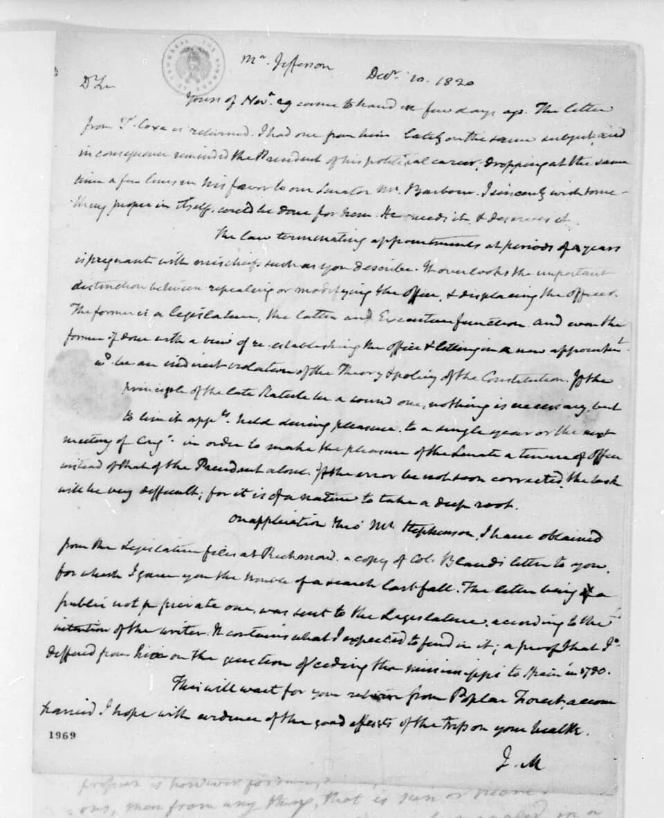 James Madison - Letter from James Madison to Thomas Jefferson, 20 December 1820