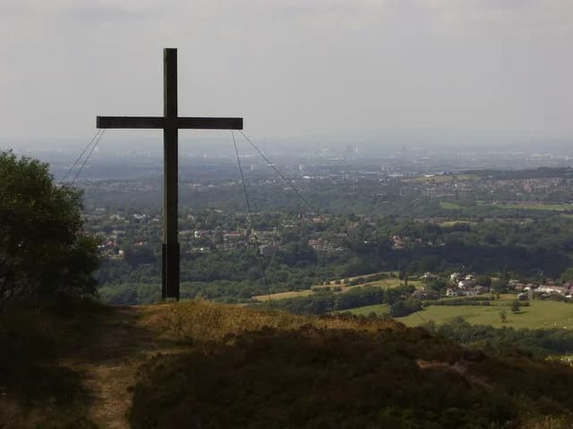 John Wesley - Cross on Top of Mellor Moor. This huge wooden cross marks the site where John Wesley preached. It stands on the only part of Mellor Moor that is actually moorland, and is Access Land. Th