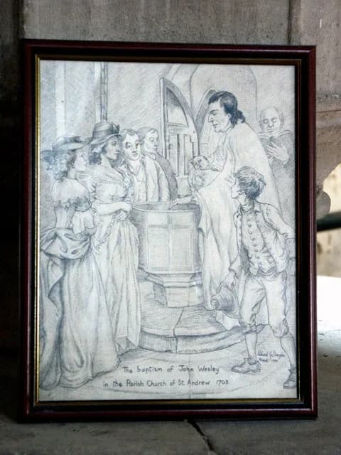 John Wesley - Interior of St Andrew's parish church, Epworth, Lincolnshire. This picture of the baptism of John Wesley is by the font.
