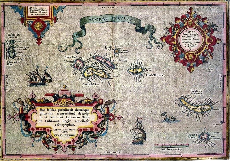 Abraham Ortelius - Sixteenth-century map of Azores. Legend, in Latin: "Has insulas perlustrauit summàque diligentia accuratissimè descripsit et delineauit Ludovicus Teisera Lusitanus, Regiæ Maiestatis
