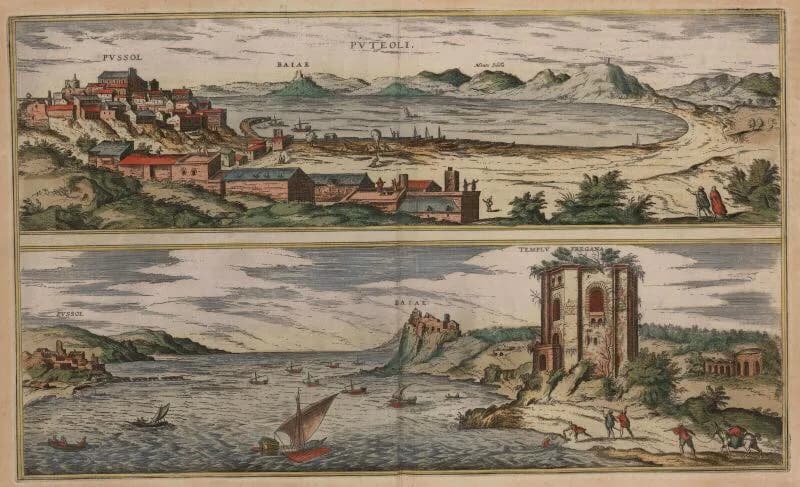 Abraham Ortelius - Abraham Ortelius, “Theatrum urbium” (1657) - Veduta di Pozzuoli ed il suo Golfo. Veduta di Baia con Tempio di Venere e Castello Aragonese.