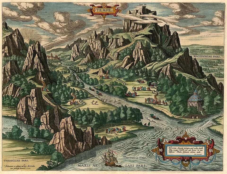 Abraham Ortelius - 1603 Ortelius View of The Paradise of Tempe at the foot of Mount Olympus