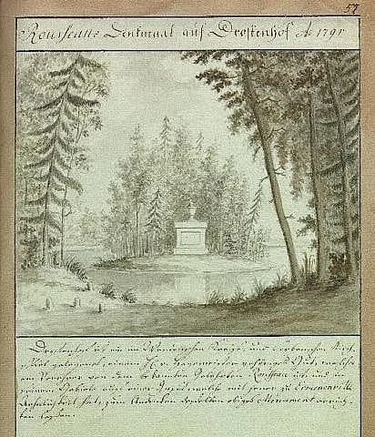 Jean-Jacques Rousseau - Scan from Johann Christoph Brotze's book Sammlung verschiedner Liefländischer Monumente. 

Rousseaus Denkmaal auf Drostenhof Anno 1791 [die Ansicht].