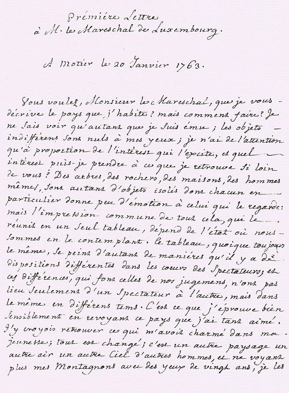 Jean-Jacques Rousseau - Facsimile 1st page of Jean Jacques Rousseau's original manuscript for "Deux Lettres à M. le Mareschal Duc de Luxembourg contenant une Description du Val-de-Travers"