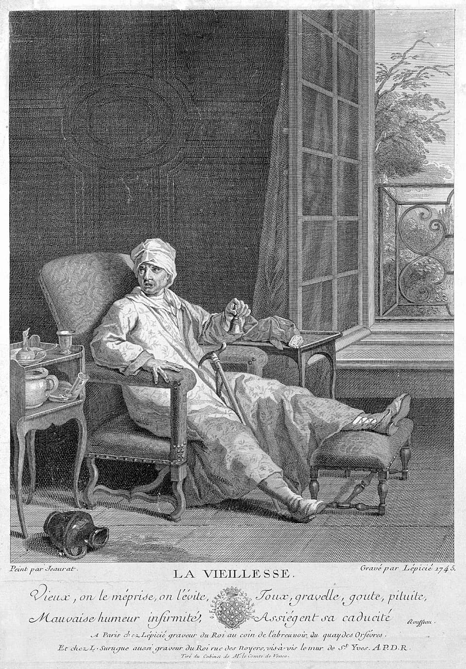 Jean-Jacques Rousseau - A sick old man with the woes of old age. Engraving by B. Lépicié, 1745, after E. Jeaurat.

Iconographic Collections
Keywords: Jean-Jacques Rousseau; Bernard François Lépicié; O