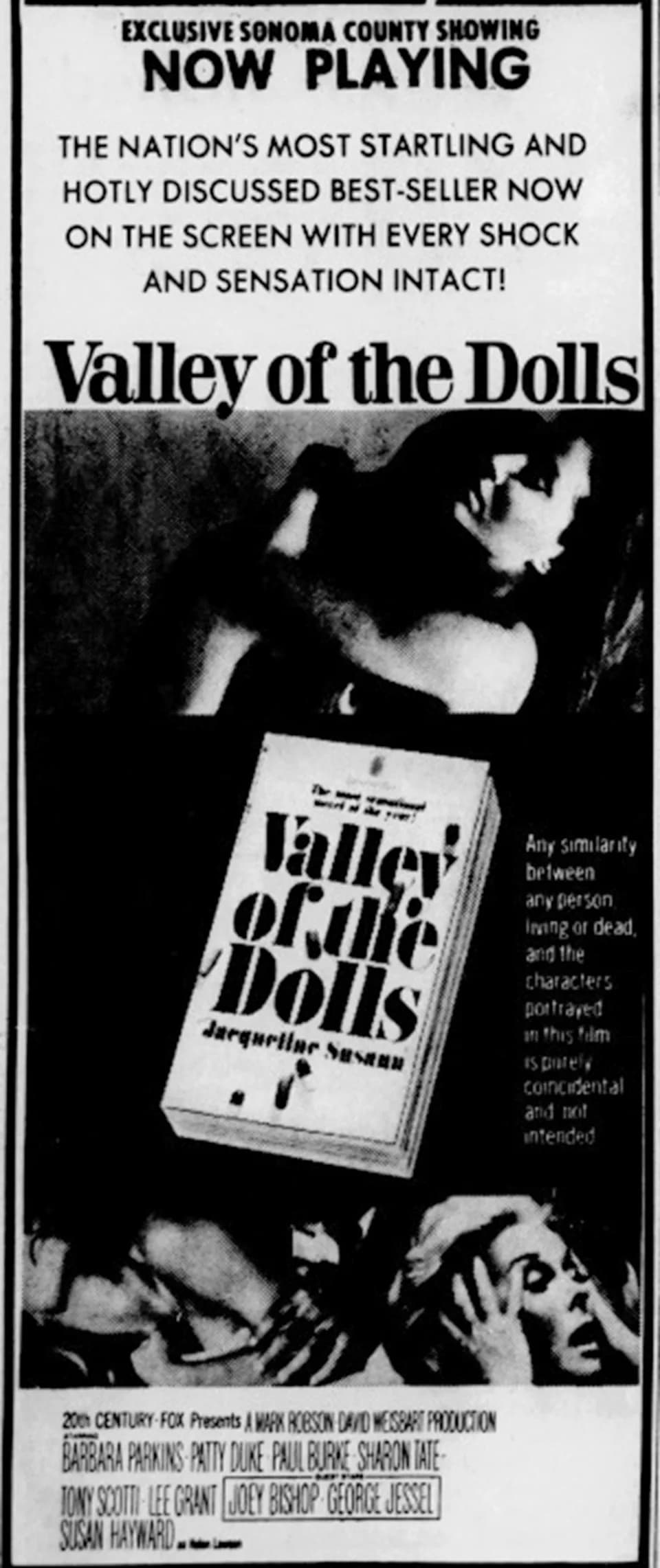 Susan Hayward - 20th Century West Theatre advertisement for the drama film, Valley of the Dolls. 26 January 1968.