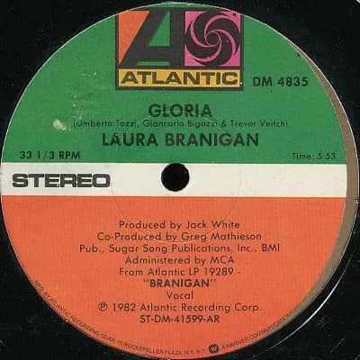 Laura Branigan - Side-A label of "Gloria" by Laura Branigan; U.S. 12-inch vinyl edition