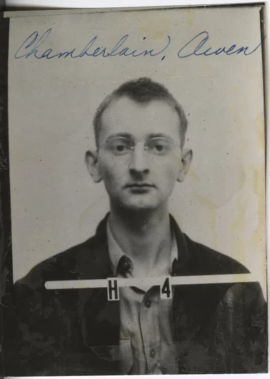 Owen Chamberlain - Photograph of Owen Chamberlain from his Los Alamos ID badge, part of the Manhattan Project.