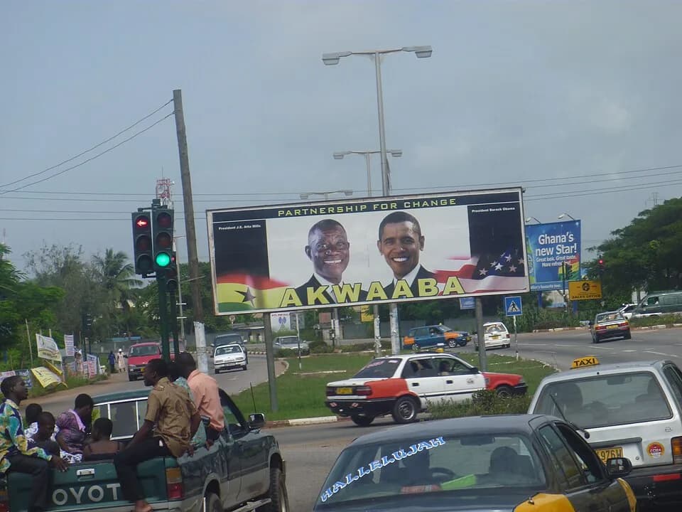 John Evans Atta Mills - A billboard in Cape Coast, Ghana featuring U.S. President Barack Obama and Ghana President John Atta Mills