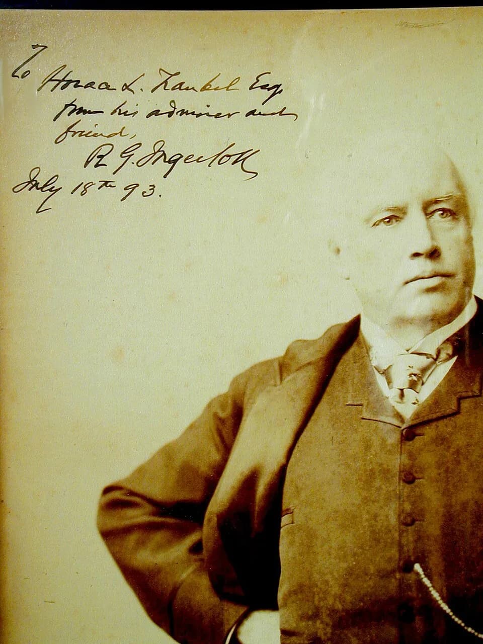 Robert Green Ingersoll - This large photo of Ingersoll was once owned by the late Virginia atheist activist Arnold Via. It bears a bold Ingersoll autograph to fellow lawyer Horace Traubel, dated 1893.