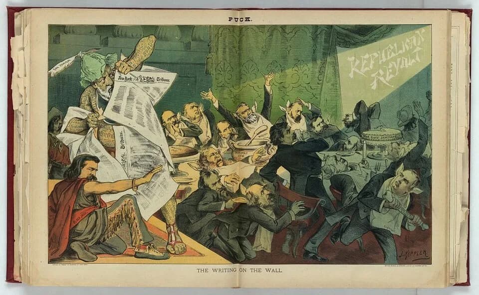 Robert Green Ingersoll - Title: The writing on the wall
Abstract: Illustration shows a dinner party attended by presidential candidate James G. Blaine who is trying to cover himself with pages of the 