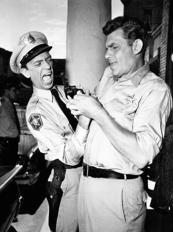 Don Knotts - Photo from the television program The Andy Griffith Show.  In this episode, Barney gets his gun stuck on his finger.