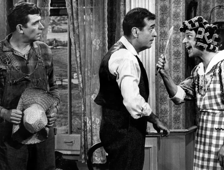Don Knotts - Photo from a skit from Andy Griffith's Uptown-Downtown Show. From left: Griffith, Tennessee Ernie Ford (as the husband), and Don Knotts (as Ford's wife).