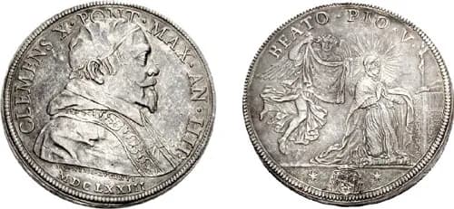 Clement X - Italia, Stato Pontificio. Papa Clemente X (Emilio Altieri). 1670-1676. 

AR Piastra (31.63 g, 12h). Datata 1673, RY 4. Girolamo Lucenti, scultore.
CLEMENS X • PONT • MAX • AN • IIII •, bus