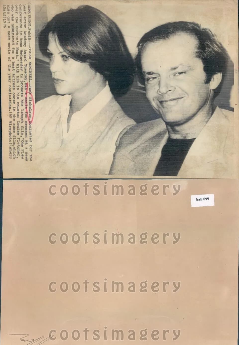 Louise Fletcher - Press photo of Jack Nicholson after being nominated for an Academy Award for One Flew Over the Cuckoo's Nest.