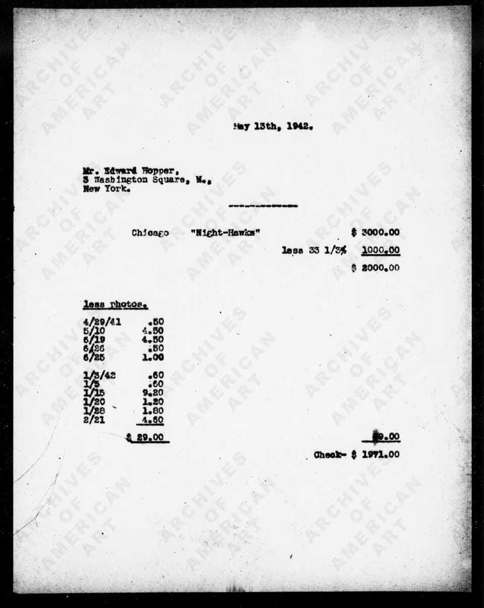 Edward Hopper - Nighthawks invoice sent to Ed_Hopper