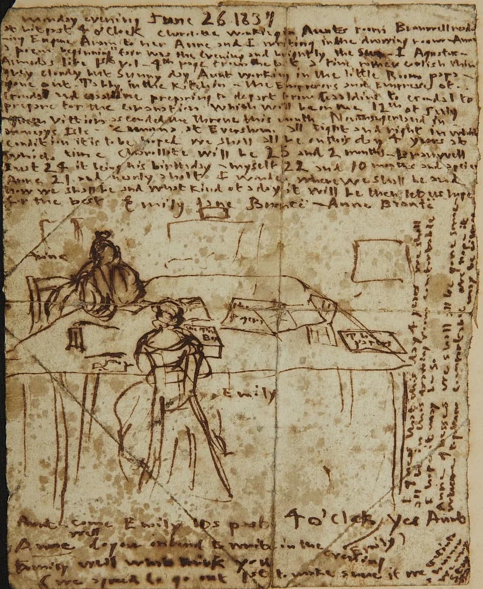 Emily Brontë - Emily Brontë's diary paper for June 26, 1837, showing herself and  Anne working at the dining room table.