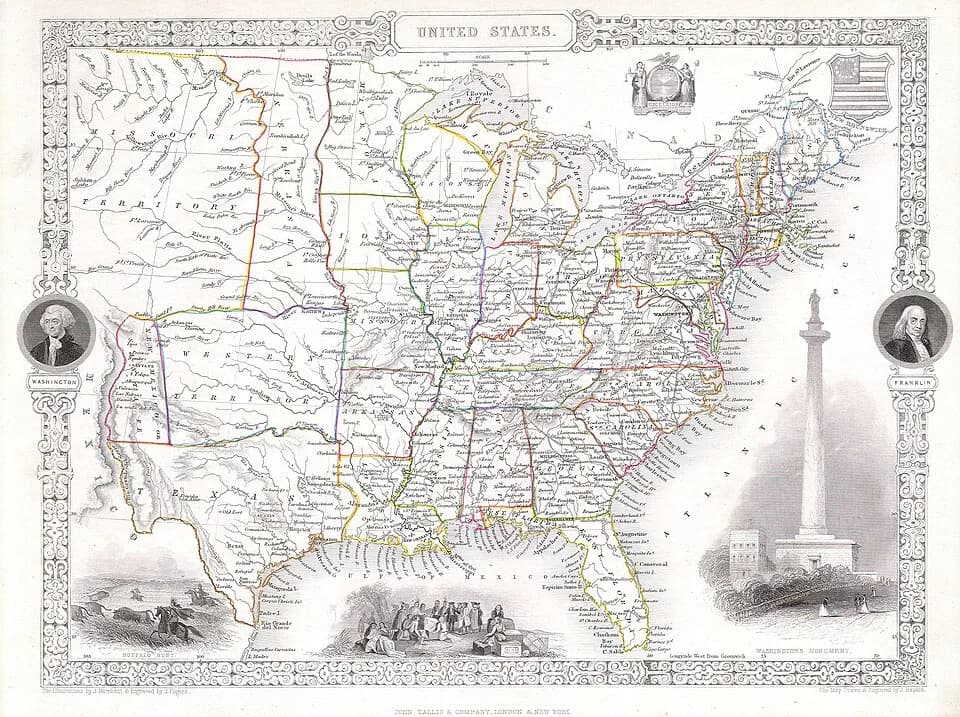William Penn - This is a fascinating 1850 map of the United States. Covers the United States from Texas (shown at fullest extant) and Santa Fe north through the Missouri Territory to Canada and east