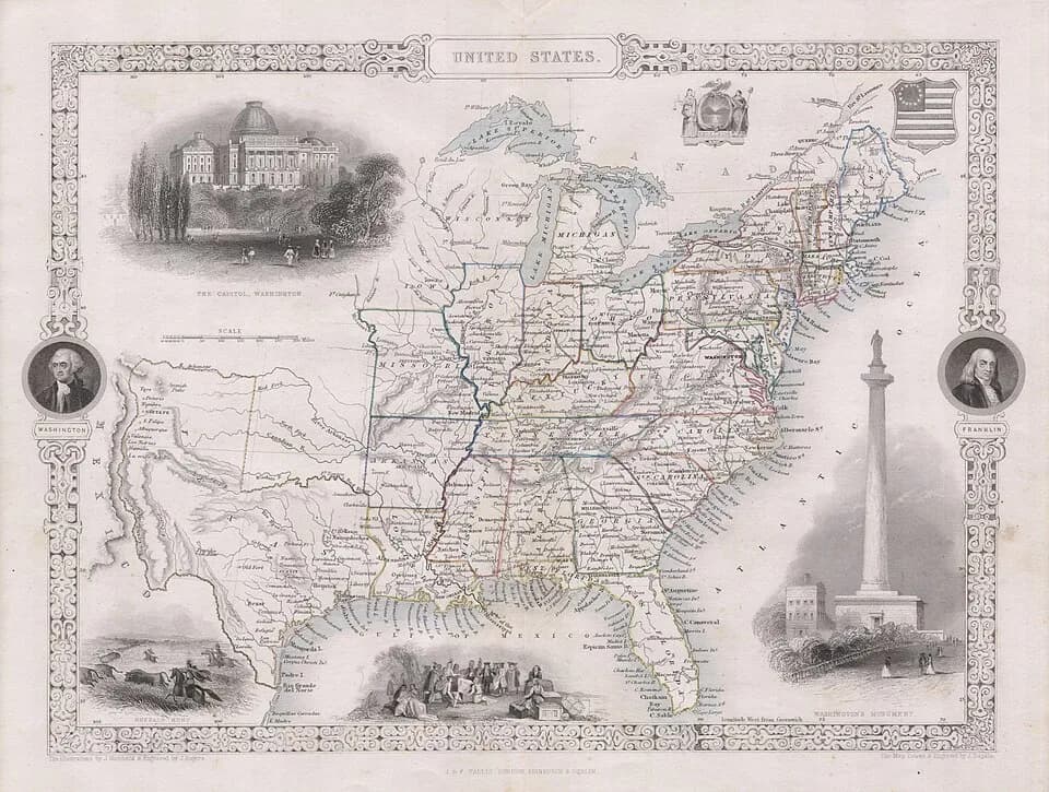 William Penn - This is John Tallis’s highly desirable 1850 Map of the United States. This is the earliest variation on this map that includes Texas as a state. Herein Texas is depicted at near its