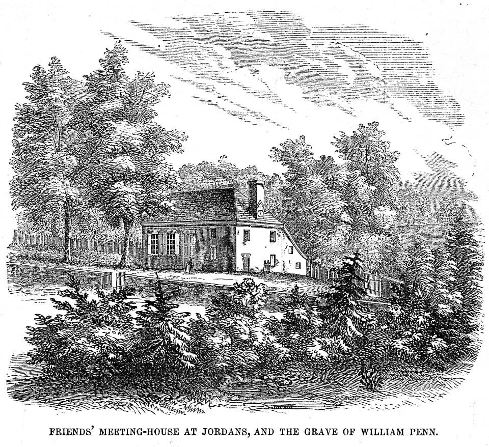William Penn - "Friends' Meeting House at Jordans and Wm. Penn's Grave" 1854 (wood engraving)