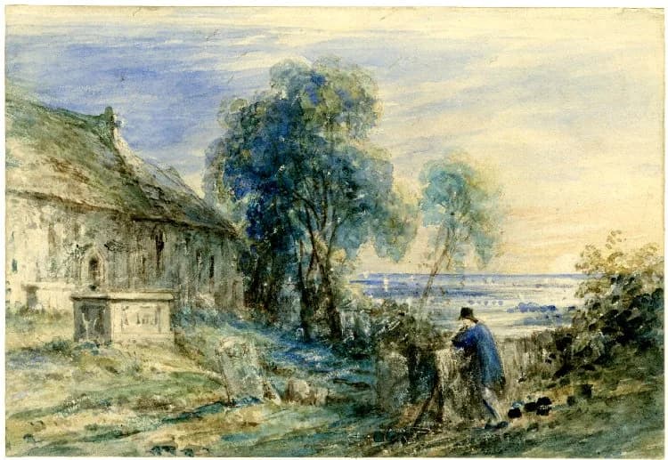 Thomas Gray - "llustration to Thomas Gray's 'Elegy', Stanza V; scene in a churchyard on a hill, with figure leaning on a grave, distant view of lowland beyond trees"